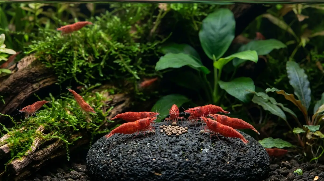 Cherry shrimp feeding on a small portion of shrimp food among moss and planted aquarium leaves