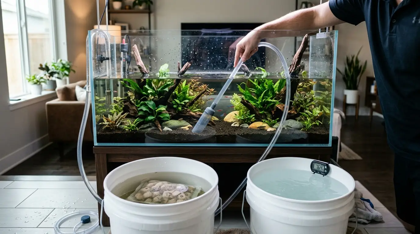 A careful aquarium water change using conditioned temperature-matched water, preserved filter media, and gentle refill techniques.