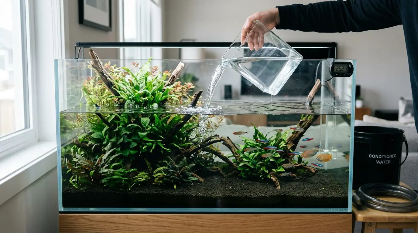 Freshwater aquarium receiving conditioned temperature-matched water during a gentle partial water change