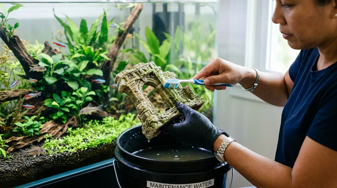 Aquarium hobbyist gently brushing algae from a resin aquarium decoration during routine maintenance