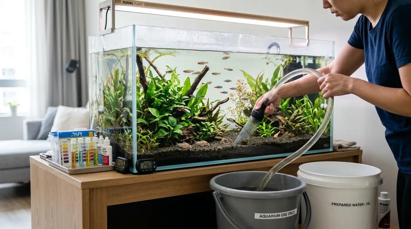 Aquarium keeper safely performing a partial weekly water change with a siphon, bucket, and conditioned replacement water