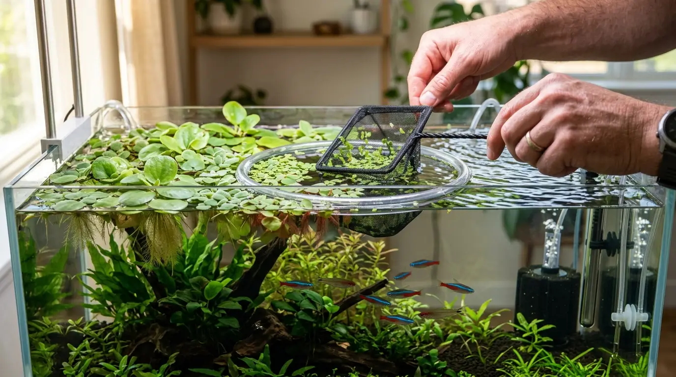 An aquarium keeper carefully maintaining floating plants while keeping them contained and away from the filter intake.