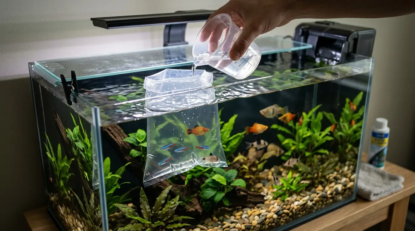 Beginner safely acclimating newly purchased freshwater fish by floating the transport bag and gradually adding aquarium water