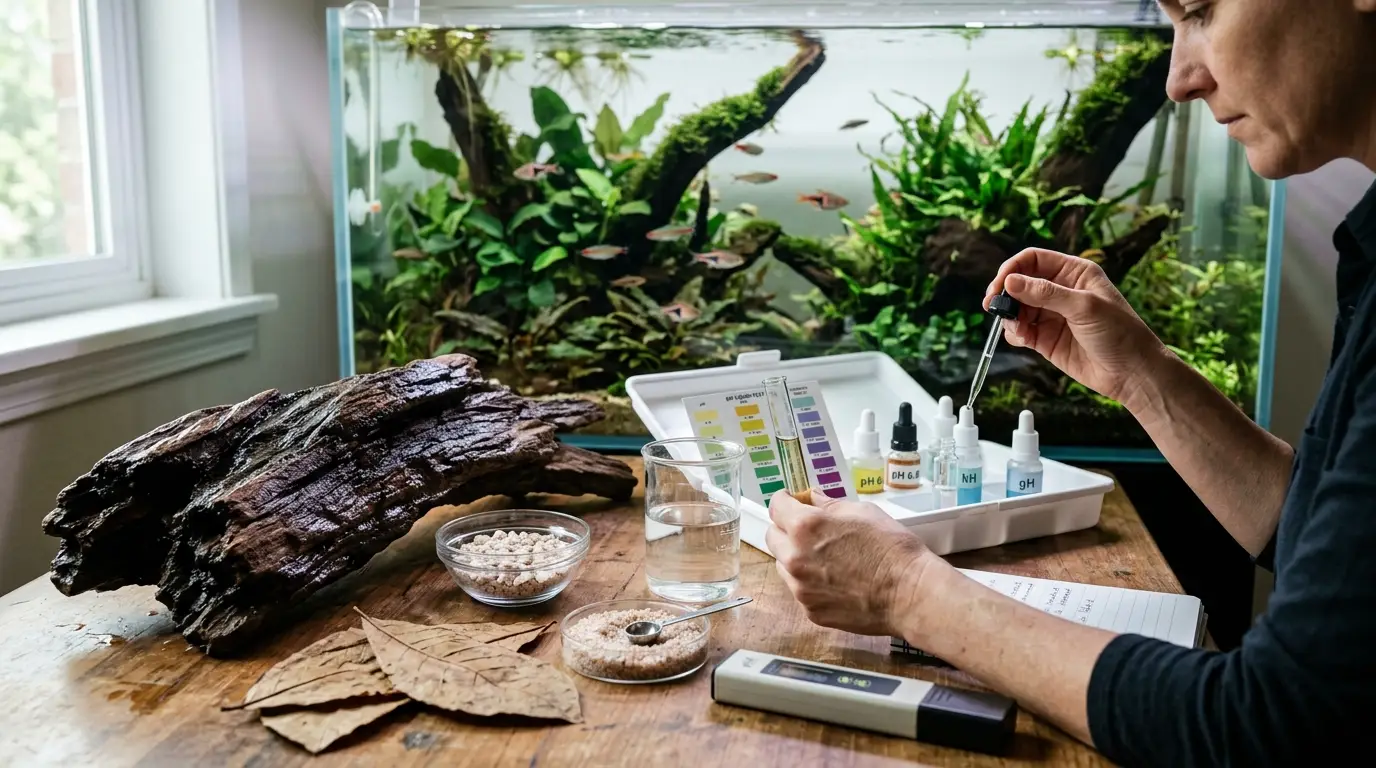 Aquarist preparing aquarium water with driftwood, mineral media, and testing equipment to maintain stable water chemistry