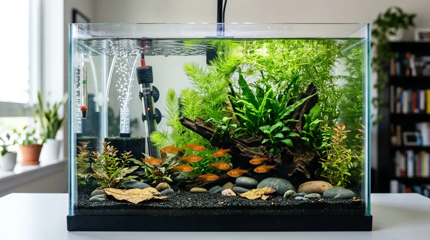 Planted 10-gallon aquarium with sponge filter, heater, aquatic plants, and open swimming space.