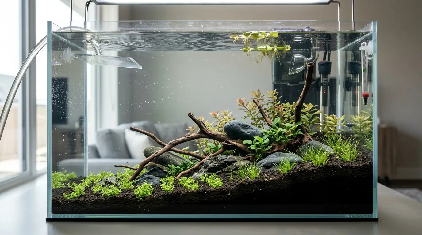 A newly planted freshwater aquarium with carefully arranged substrate, live plants, hardscape, and clear water during initial setup.