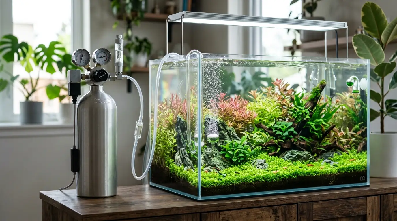 Pressurized CO2 cylinder connected to a planted aquarium with regulator, bubble counter, diffuser, and drop checker.