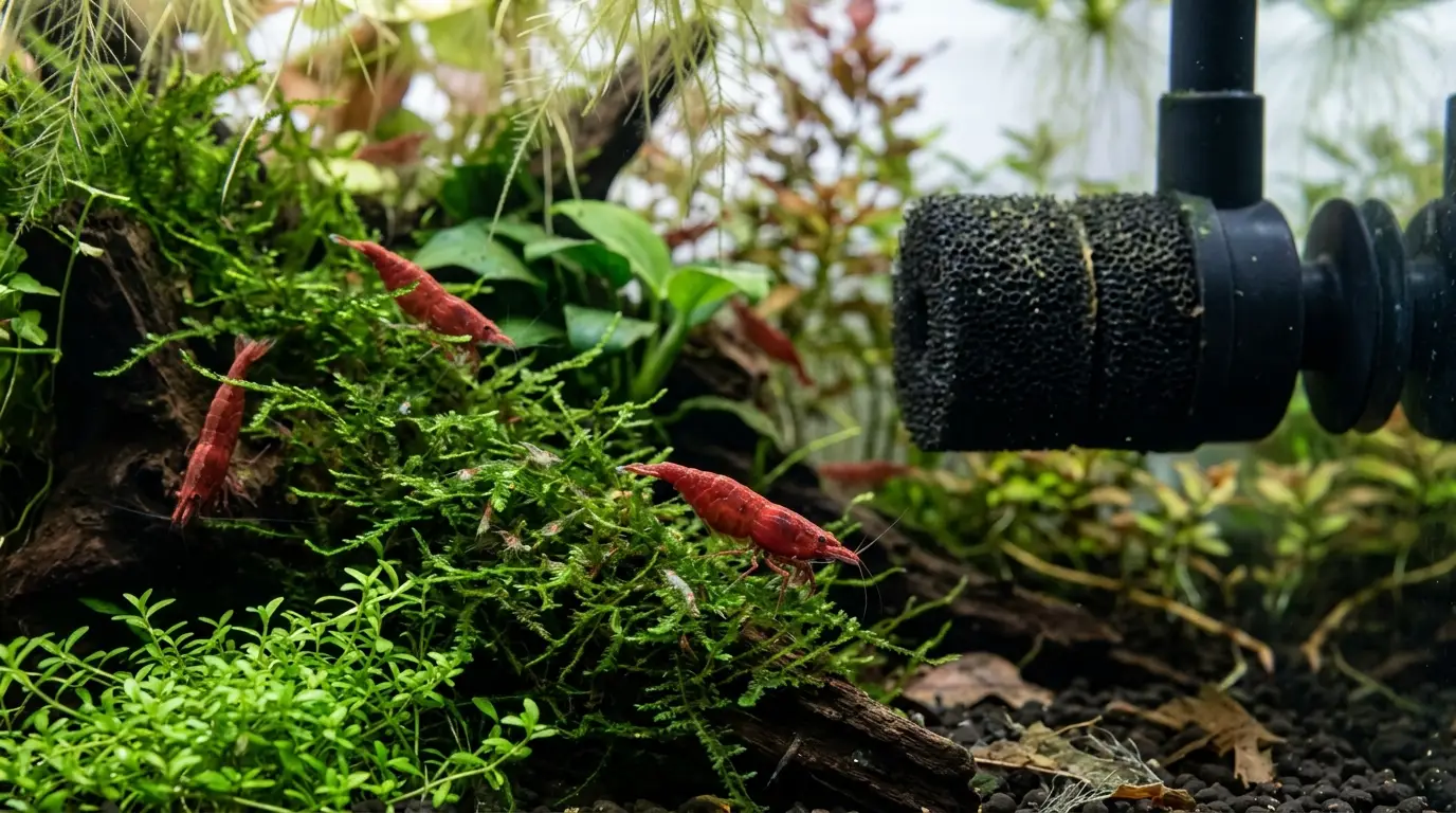 Cherry shrimp and baby shrimplets protected by dense moss and a sponge pre-filter in a planted tank