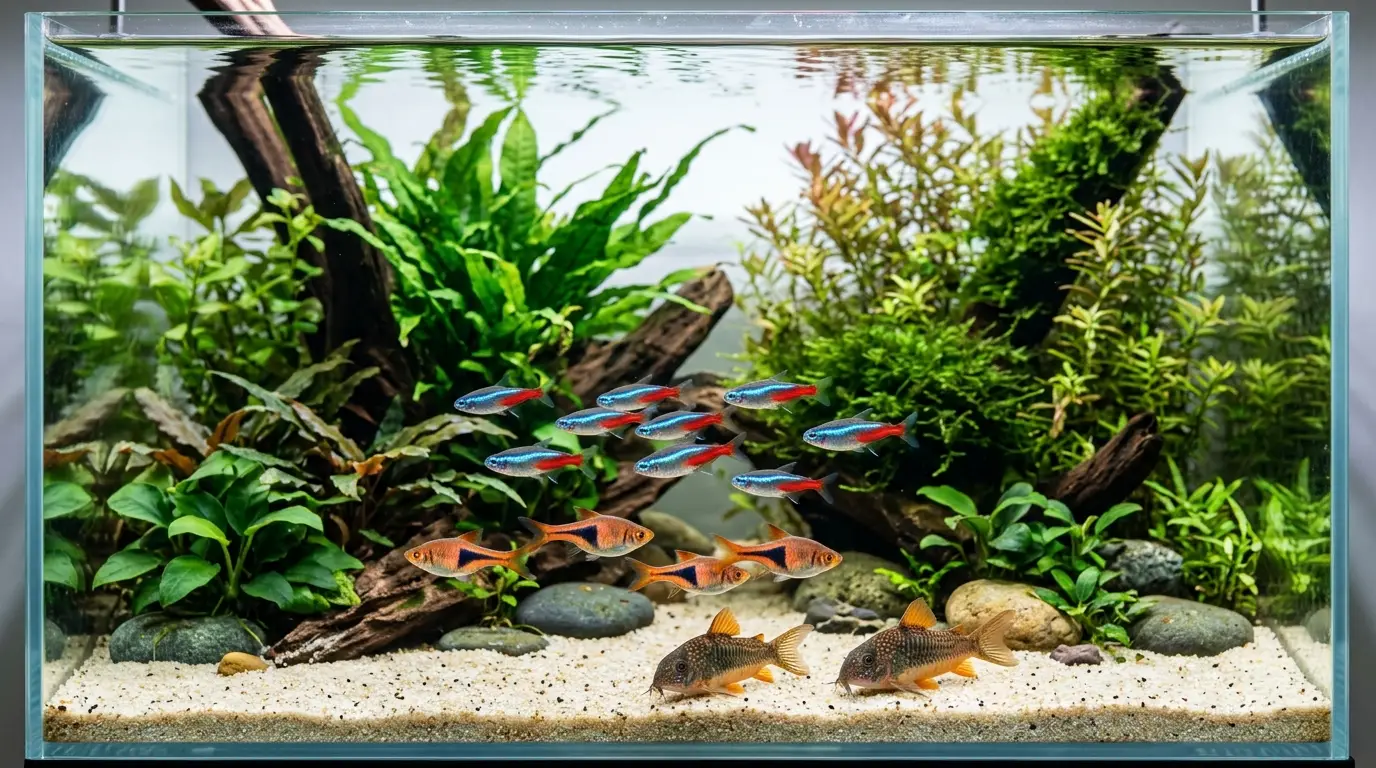 Healthy aquarium fish with contrasting body conditions demonstrating appropriate feeding in a clear planted aquarium