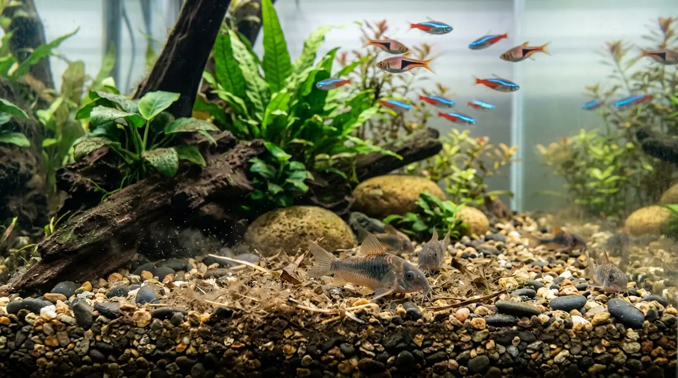 Visible detritus accumulating on aquarium gravel with algae and debris around plants, indicating the need for gravel vacuuming.