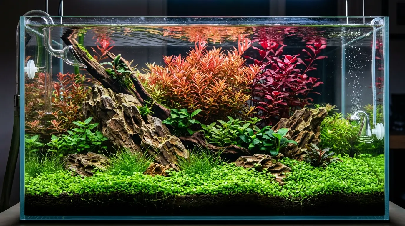 Healthy carpeting plants and vibrant red stem plants growing in a CO2-injected aquarium.