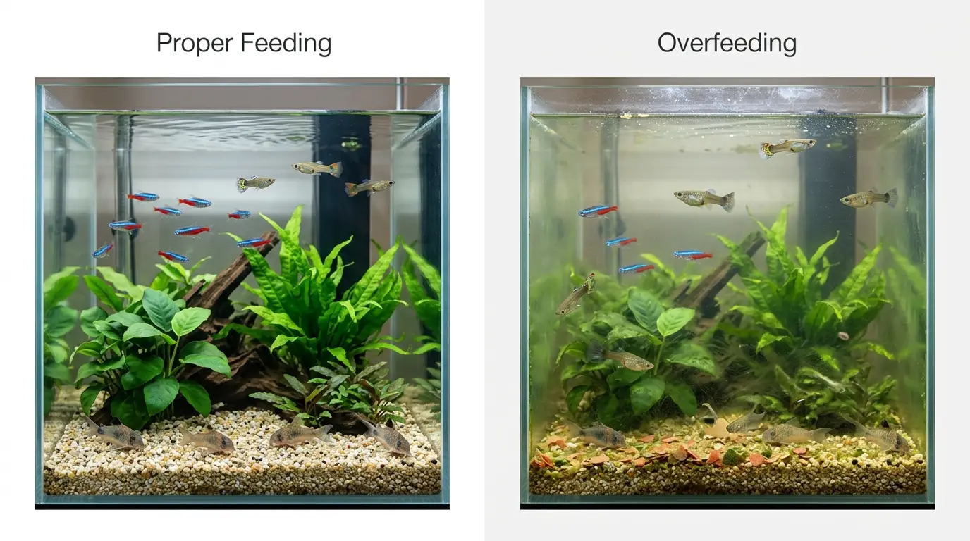 Healthy aquarium fish feeding calmly in clear water compared with visible signs of excess food and poor water quality.