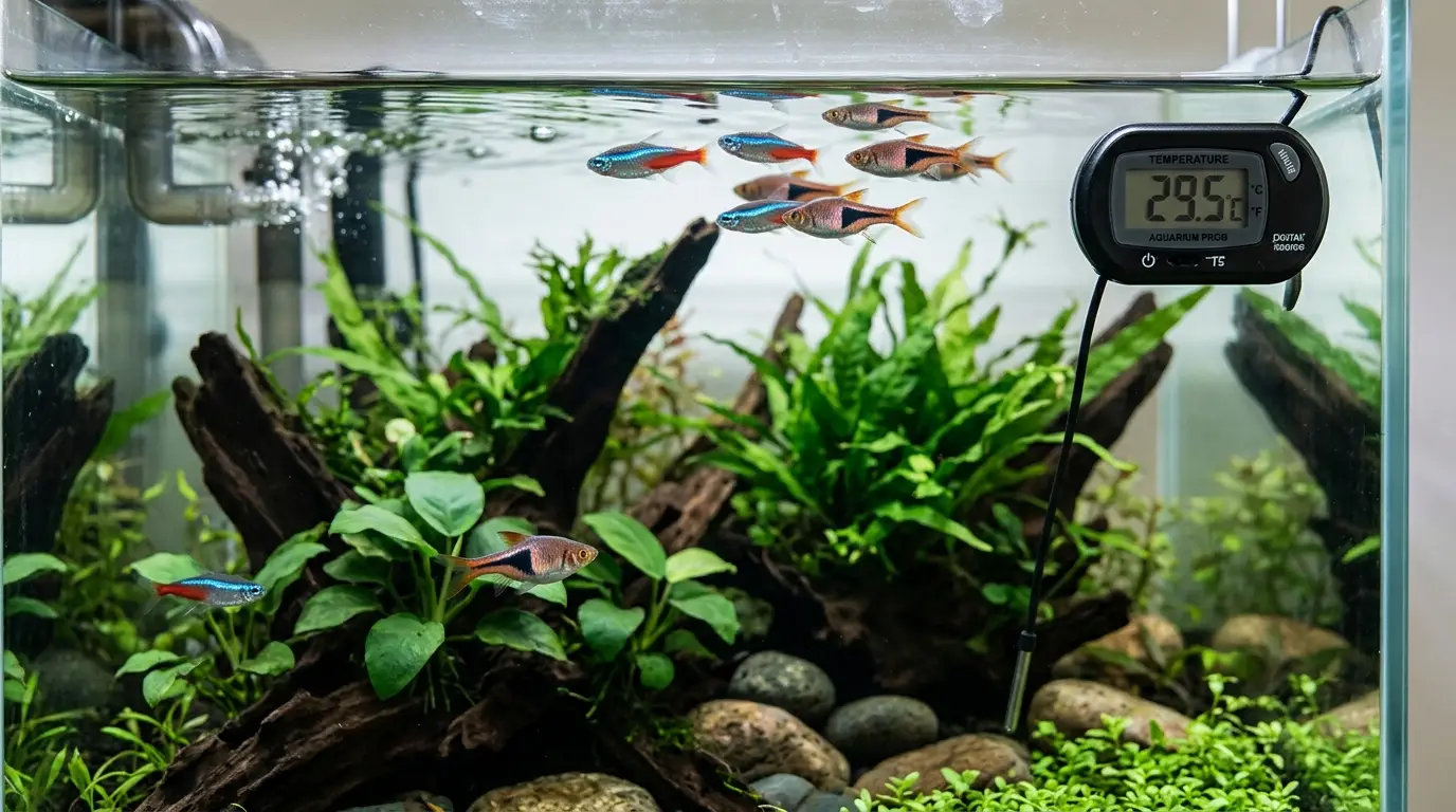 Tropical aquarium fish showing visual signs associated with temperature stress in an otherwise realistic tank environment