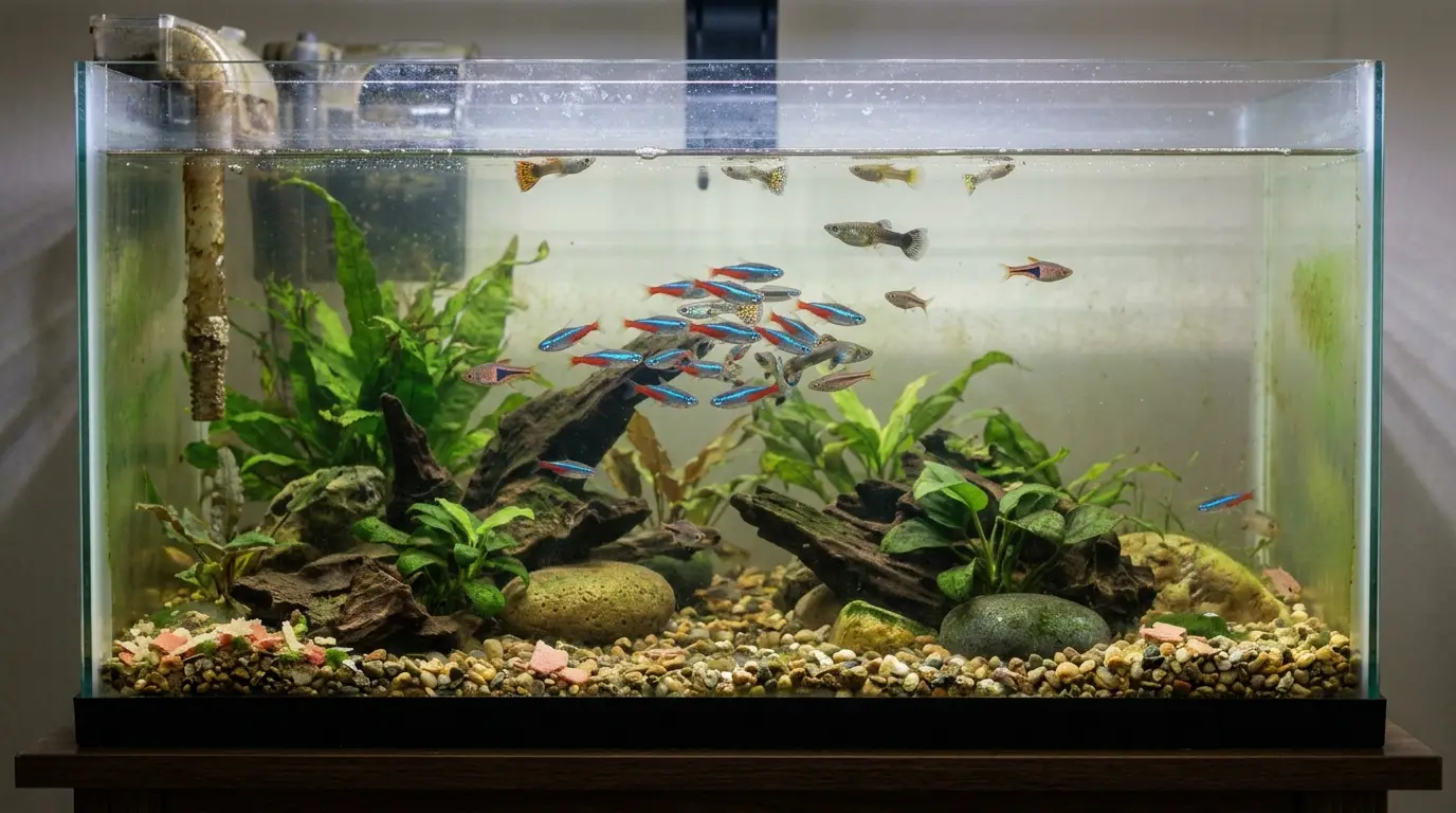 Overcrowded small aquarium showing cloudy water, stressed fish, excessive algae, and poor water conditions.