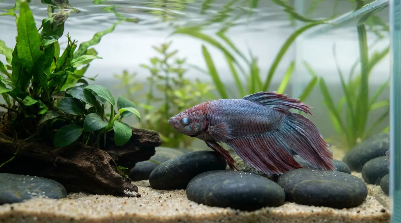 Betta fish displaying subtle visual signs that may indicate illness, including clamped fins and lethargic posture.