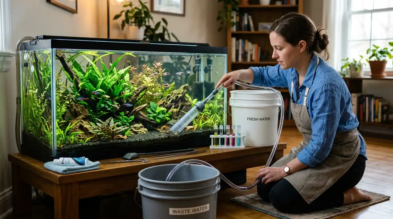 Aquarist performing routine water testing, water change, gravel cleaning, and equipment maintenance on a 20-gallon aquarium.