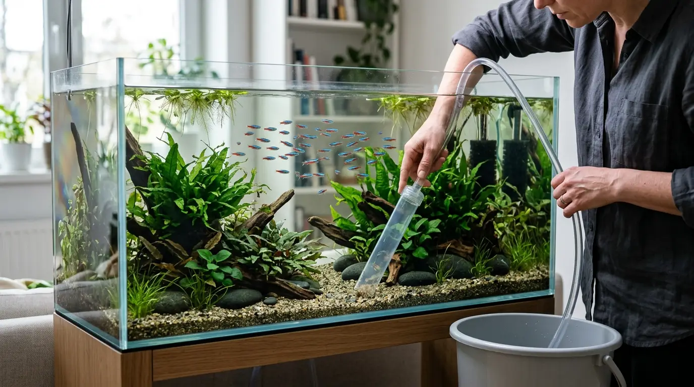 A clean planted neon tetra aquarium being maintained with a water siphon, healthy plants, and clear water.