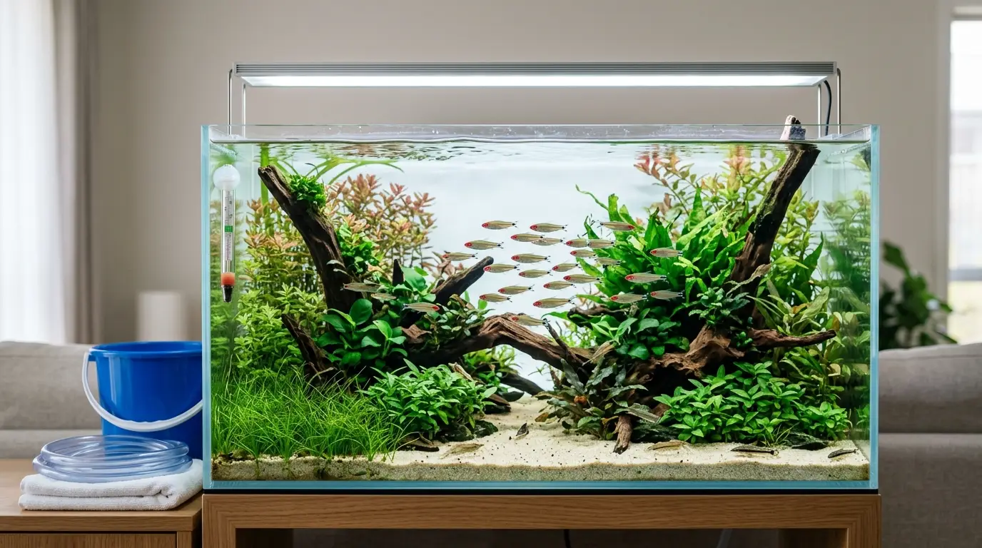 Clean planted freshwater aquarium showing a healthy maintenance routine with clear water, healthy fish, and balanced plants