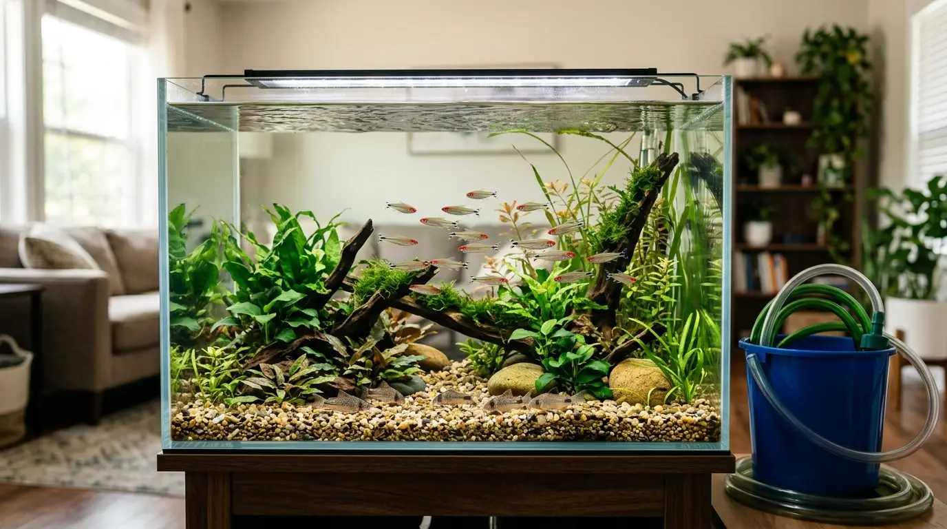 A clean planted community aquarium representing a simple weekly gravel vacuuming and water-change maintenance routine.