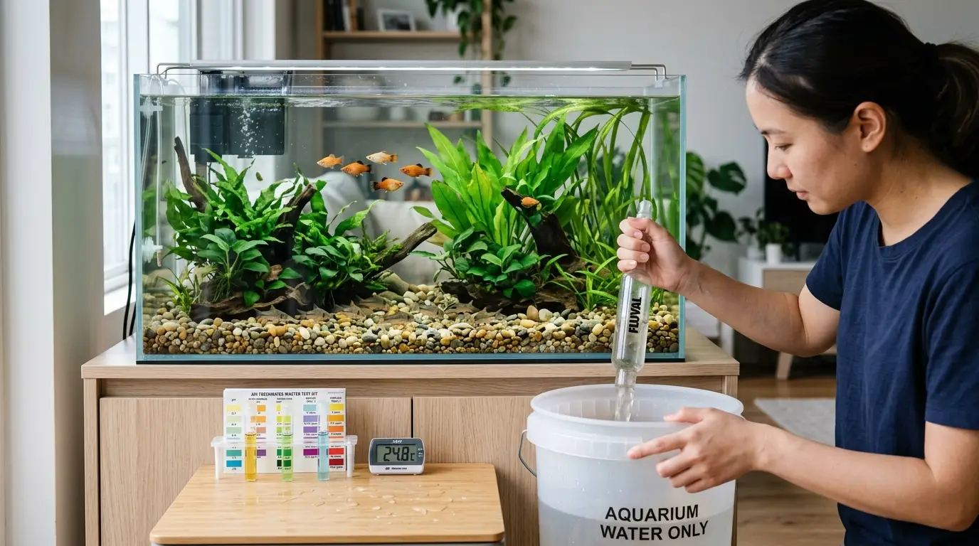 Beginner performing weekly freshwater aquarium maintenance with gravel siphon, water bucket, test kit, and clean planted tank