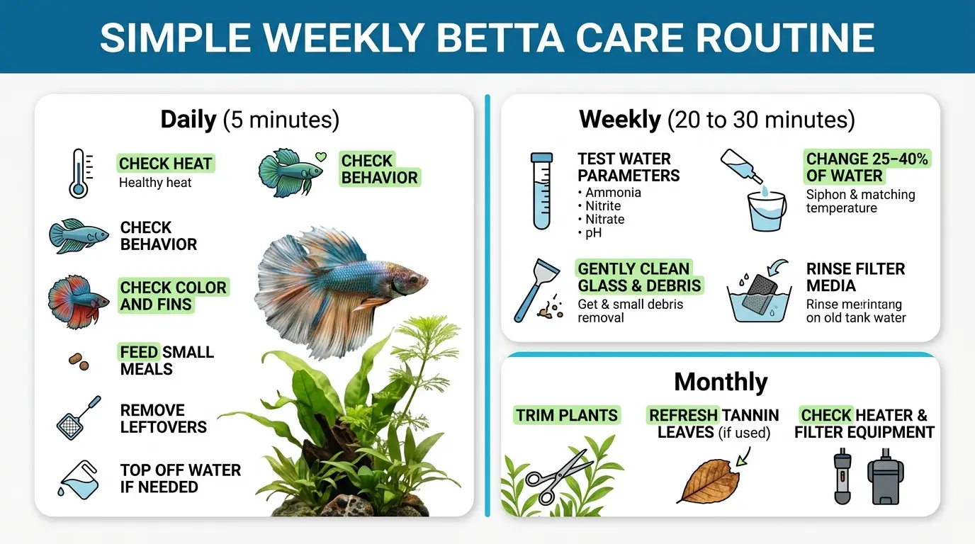 Weekly betta fish care routine showing water testing, water changes, feeding and equipment checks
