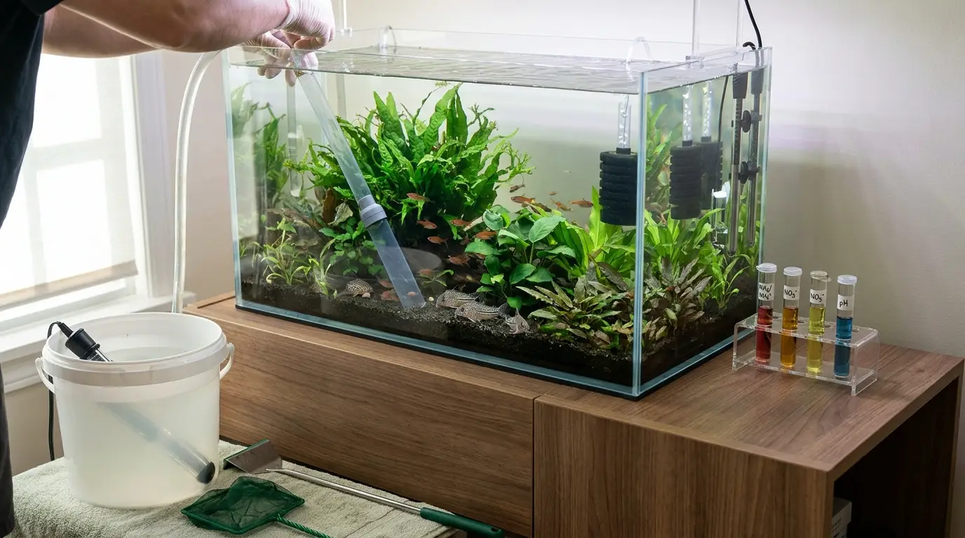 Aquarist testing water, changing aquarium water, and maintaining a planted freshwater community tank.
