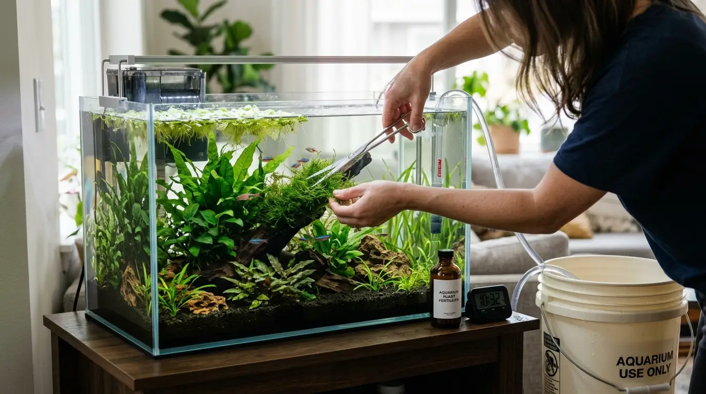 A planted freshwater aquarium receiving routine maintenance including trimming, water changes, and care of hardy aquatic plants.