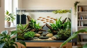 Balanced planted 10-gallon aquarium with carefully selected nano fish and stable water conditions.