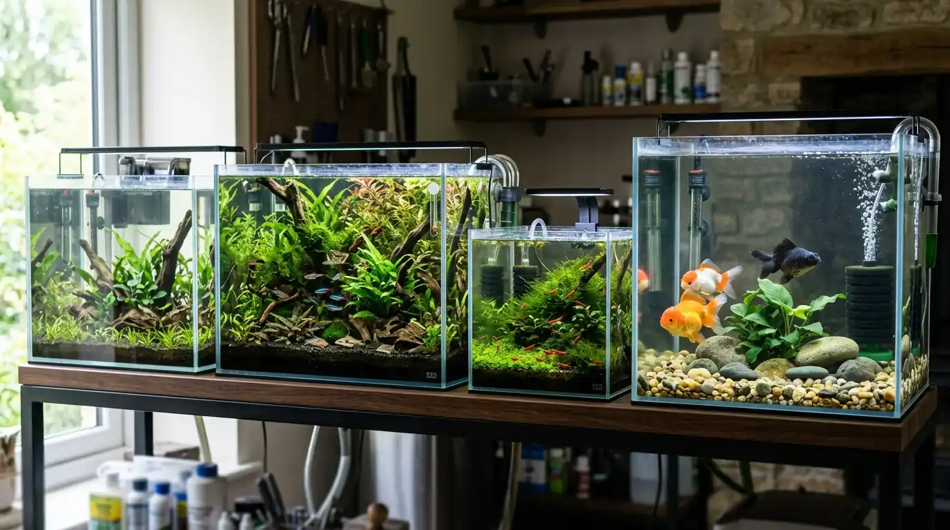 Different freshwater aquarium environments including planted, shrimp, goldfish, and new tanks requiring different water-change approaches.
