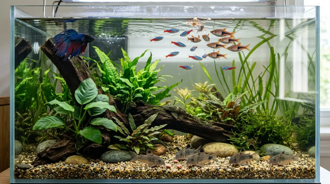 Different freshwater fish feeding at different levels in a planted aquarium, including surface, midwater, and bottom-feeding species.