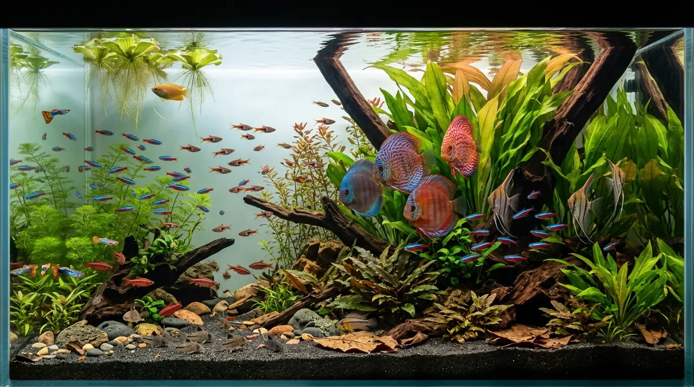 Different tropical aquarium fish species occupying separate natural temperature zones in a planted community aquarium