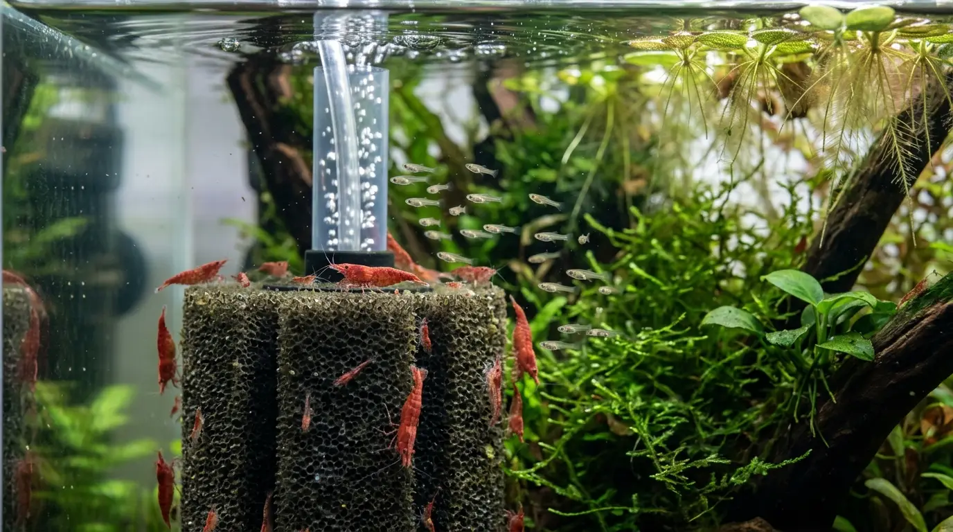 Cherry shrimp and baby fish safely swimming around a sponge filter in a planted aquarium.