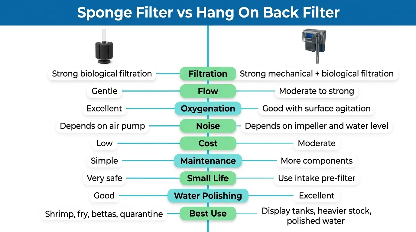 Comparison of sponge and hang on back aquarium filters by flow, filtration, maintenance, cost, and safety.