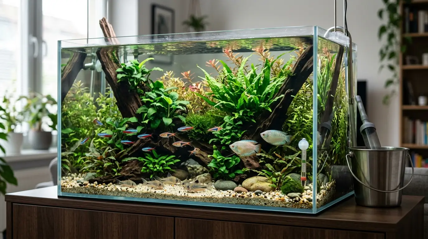 A clean planted freshwater aquarium maintained with a regular partial water change routine and healthy fish.