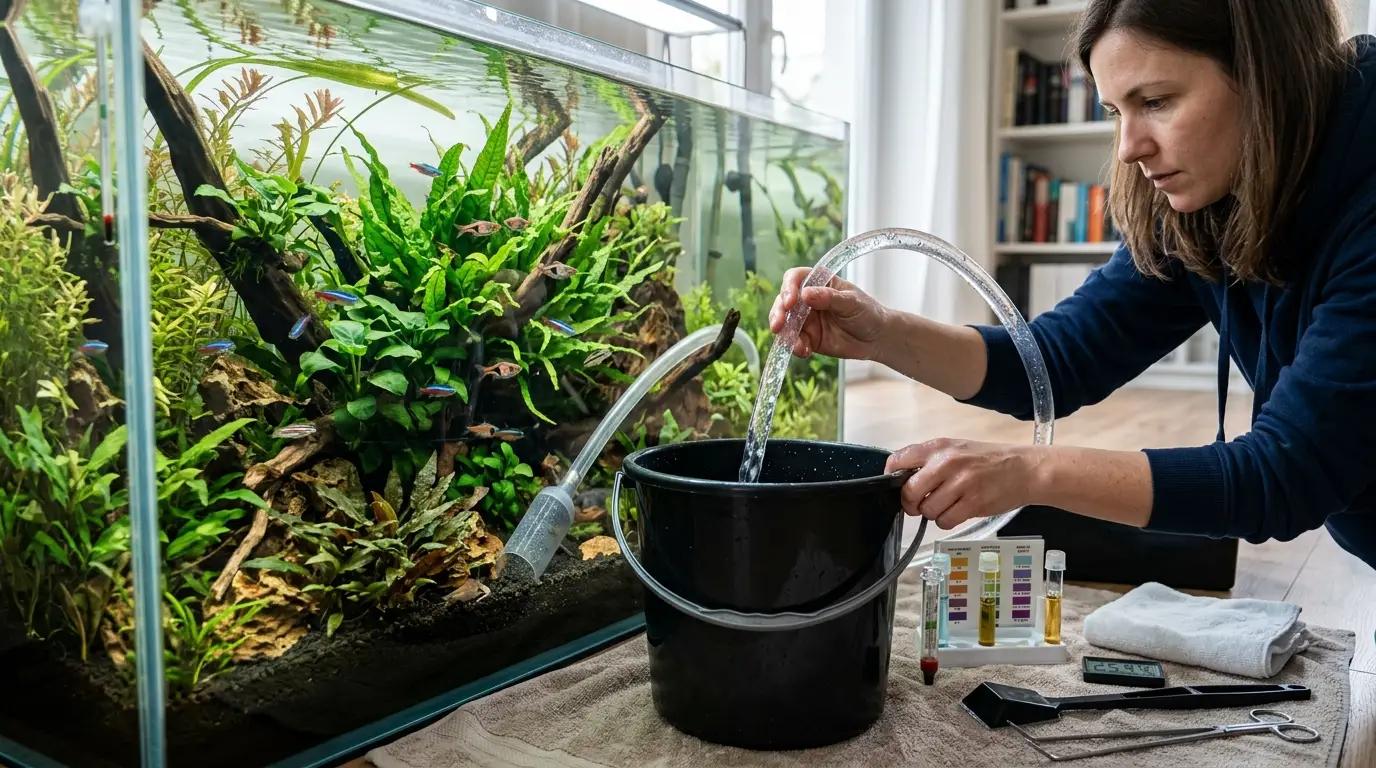 Aquarist performing weekly aquarium maintenance with water testing, gravel vacuuming, and water change equipment