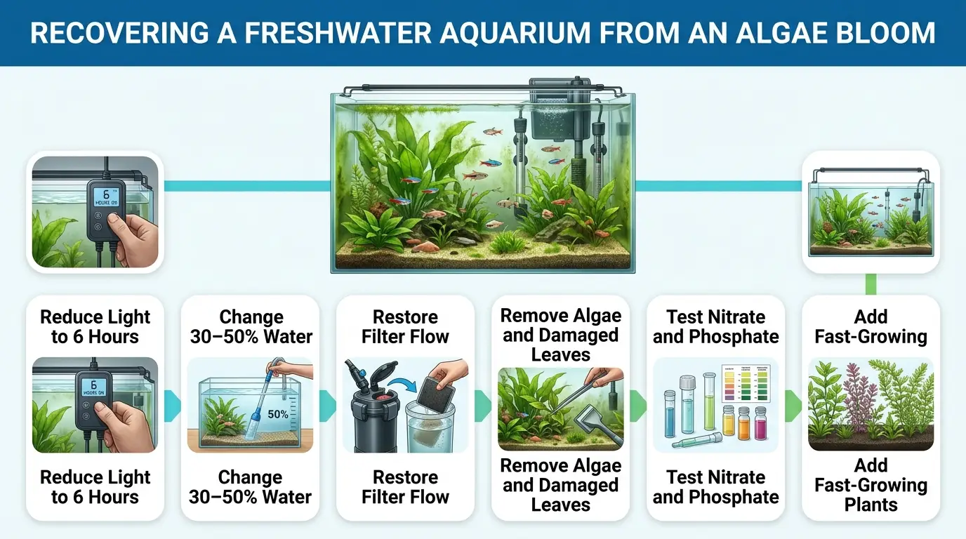 A realistic freshwater aquarium being restored from an algae bloom through cleaning, improved circulation, controlled lighting, and healthier plant growth.