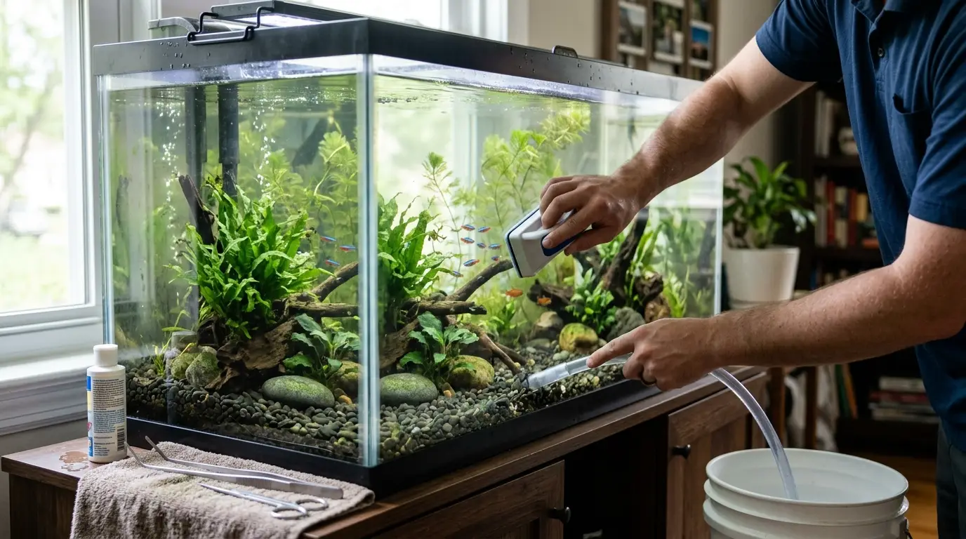 Aquarium keeper naturally cleaning green algae from freshwater aquarium glass with an algae scraper and siphon