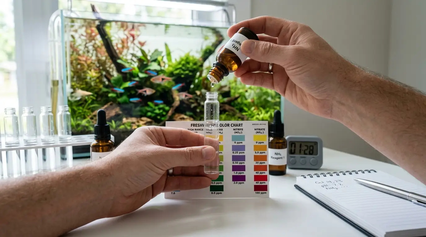 Aquarium keeper testing a water sample with liquid reagents beside a planted aquarium