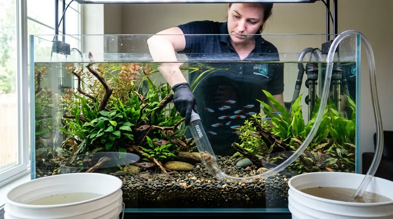 Aquarist siphoning debris from aquarium substrate while fish remain safely inside the tank during a water change