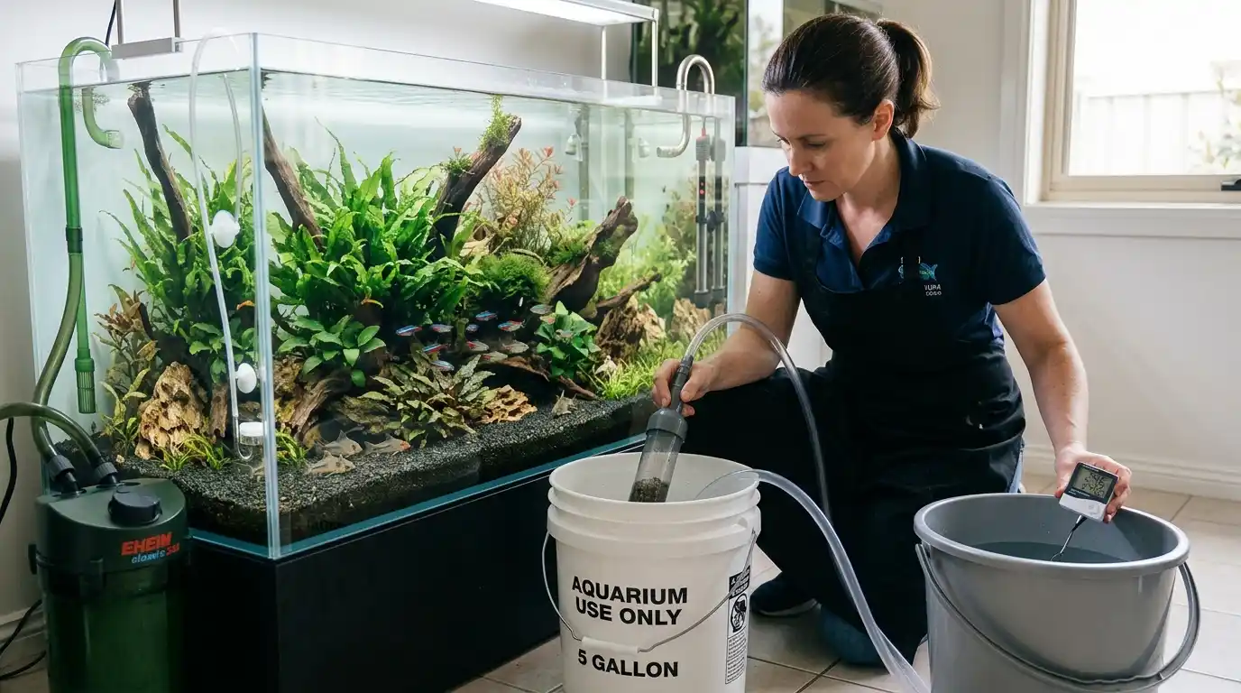 Aquarist safely siphoning aquarium water, treating replacement water, matching temperature, and refilling a planted tank.