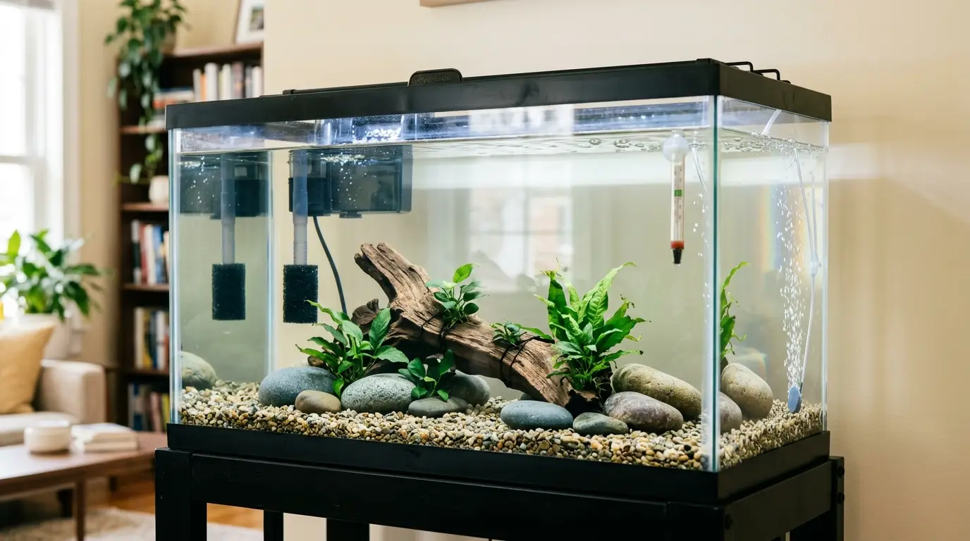 Goldfish aquarium during setup with substrate, rocks, plants, filter, air pump, and treated water arranged correctly