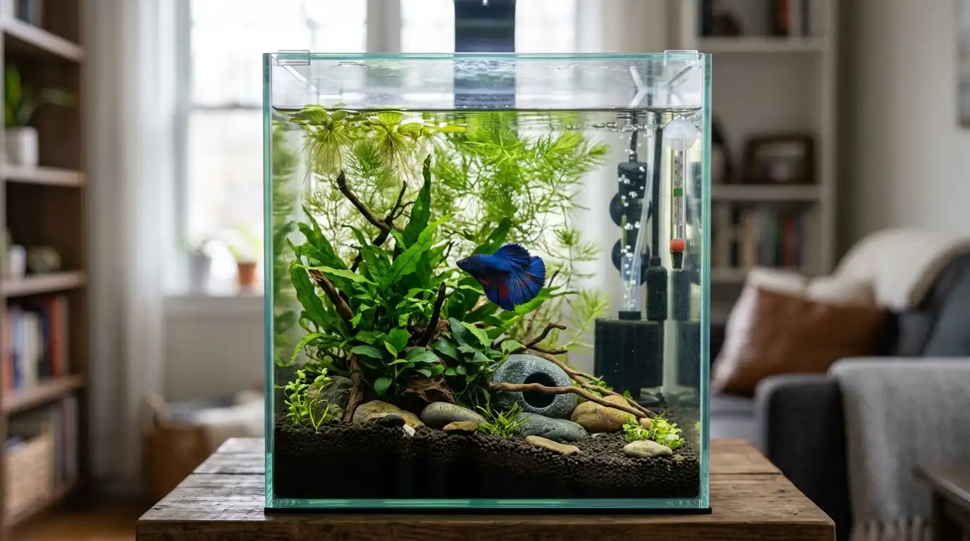 A realistic beginner 5-gallon aquarium setup showing a sponge filter, heater, thermometer, live plants, substrate, and carefully arranged hardscape.