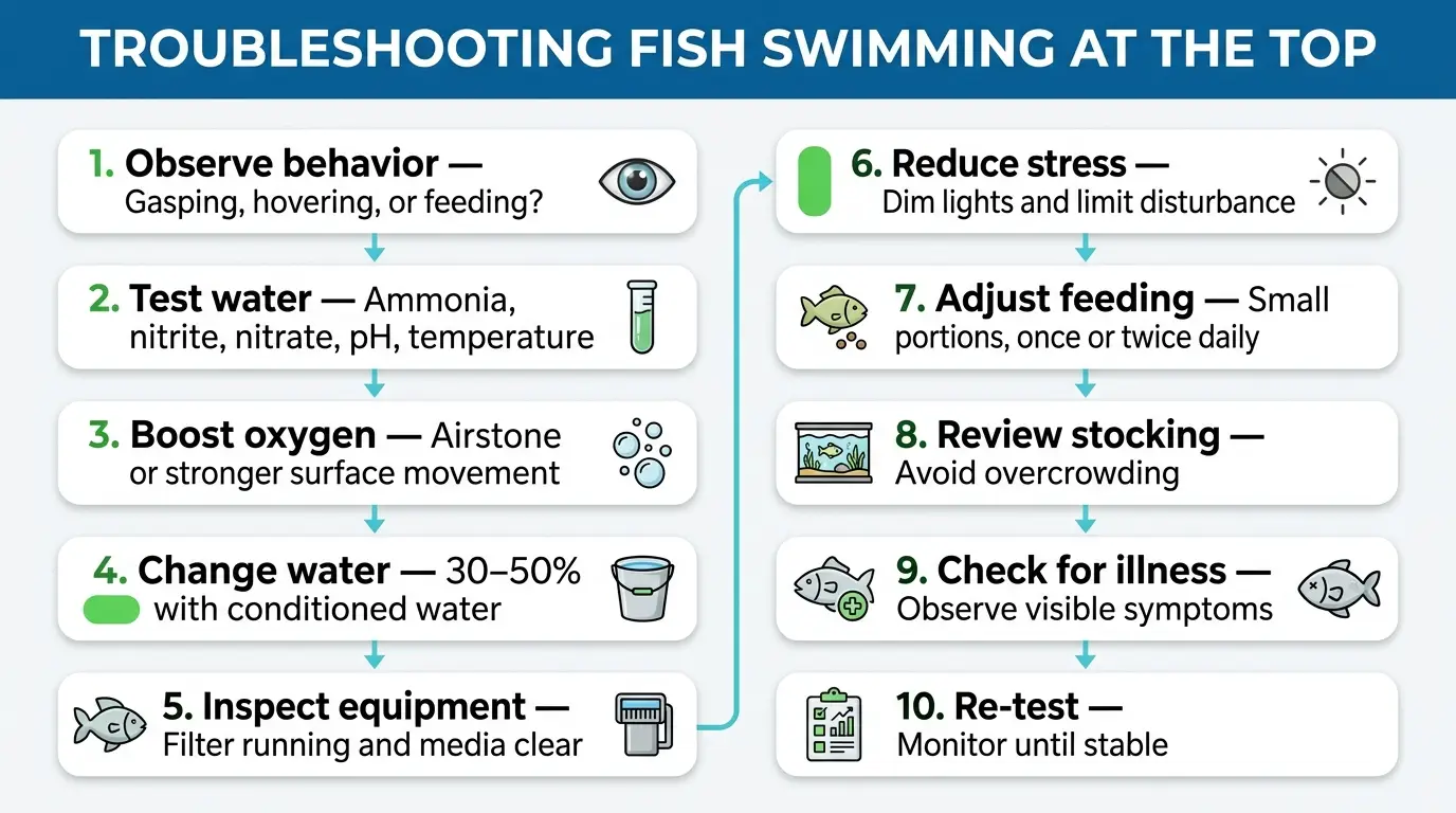 Aquarium troubleshooting visual showing water testing, aeration, water change, and equipment inspection