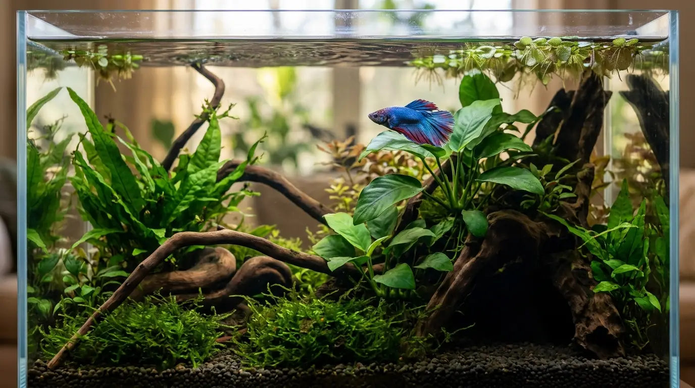 Betta fish resting near a broad leaf and natural hiding places in a peaceful planted aquarium