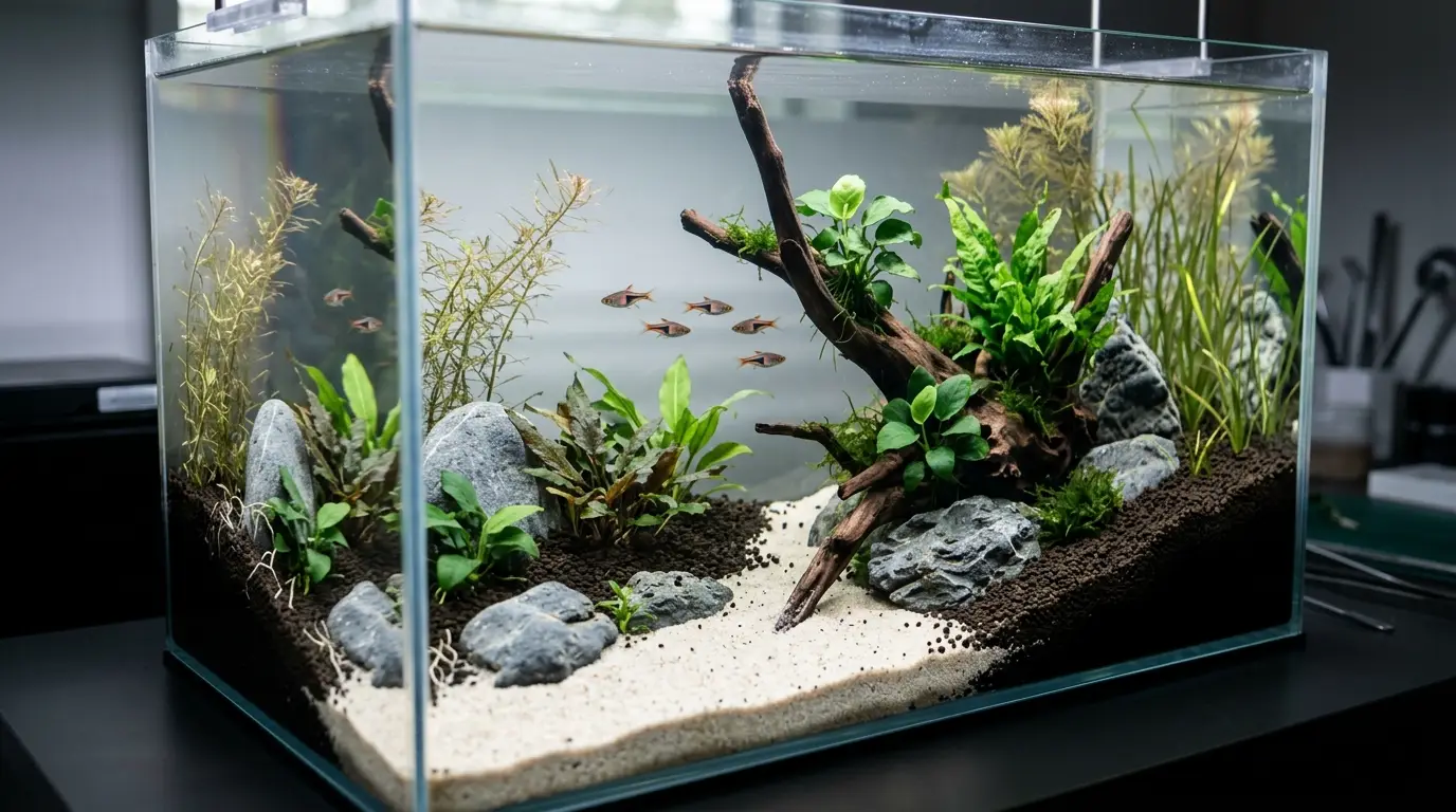 A planted aquarium showing sloped aquasoil, natural stones, aquarium wood, and beginner-friendly plants arranged in layers.