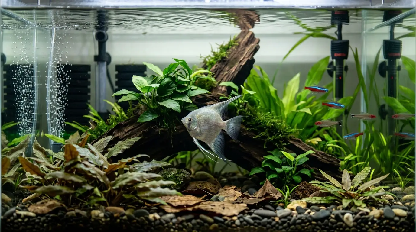 Recovering freshwater fish resting in a clean, oxygen-rich aquarium with gentle aeration and hiding places