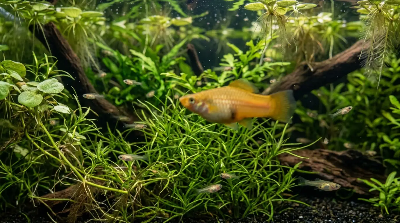 Adult female swordtail near dense floating plants with newborn fry sheltering among aquatic vegetation.