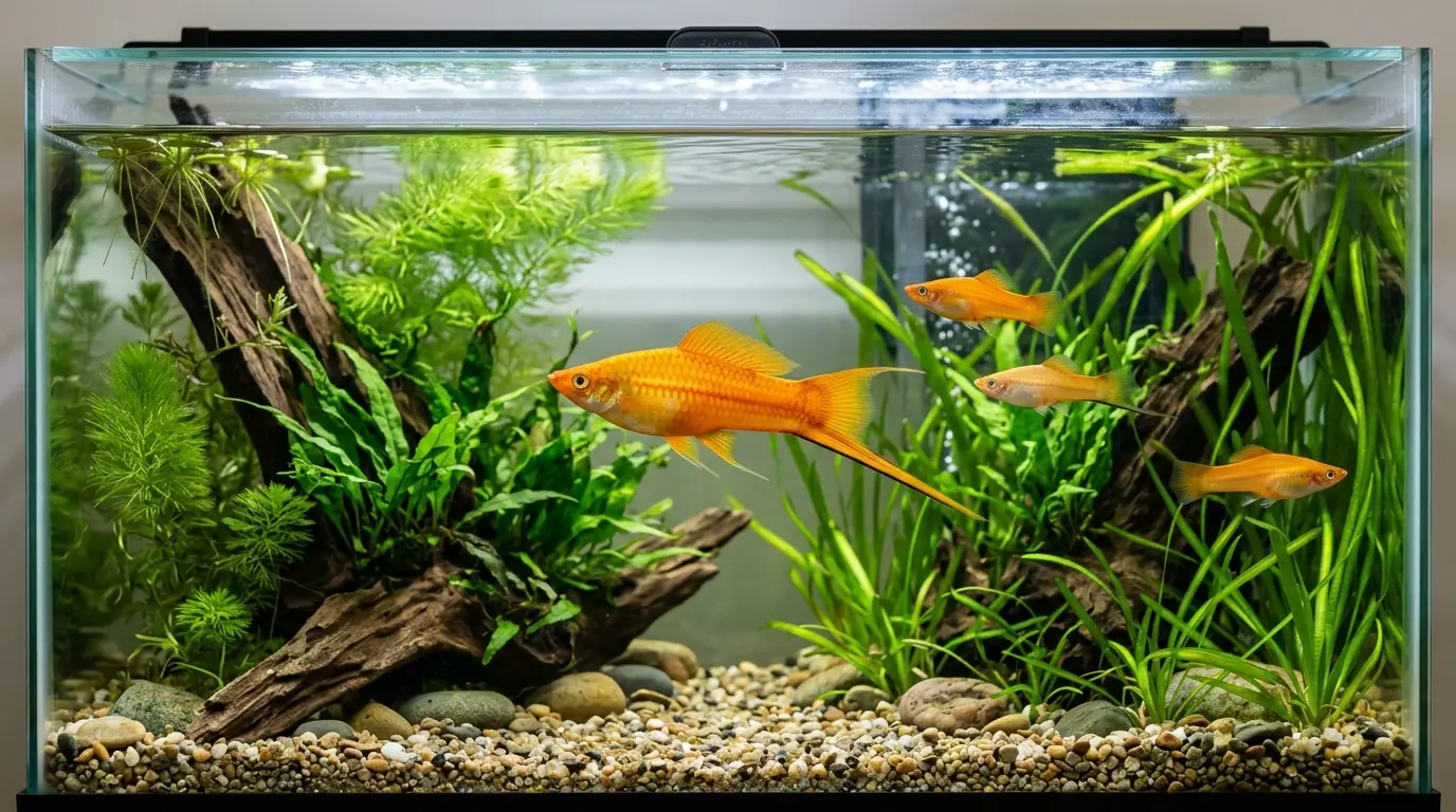 Healthy swordtails thriving in a spacious planted aquarium with proper cover, open swimming space, and balanced stocking.