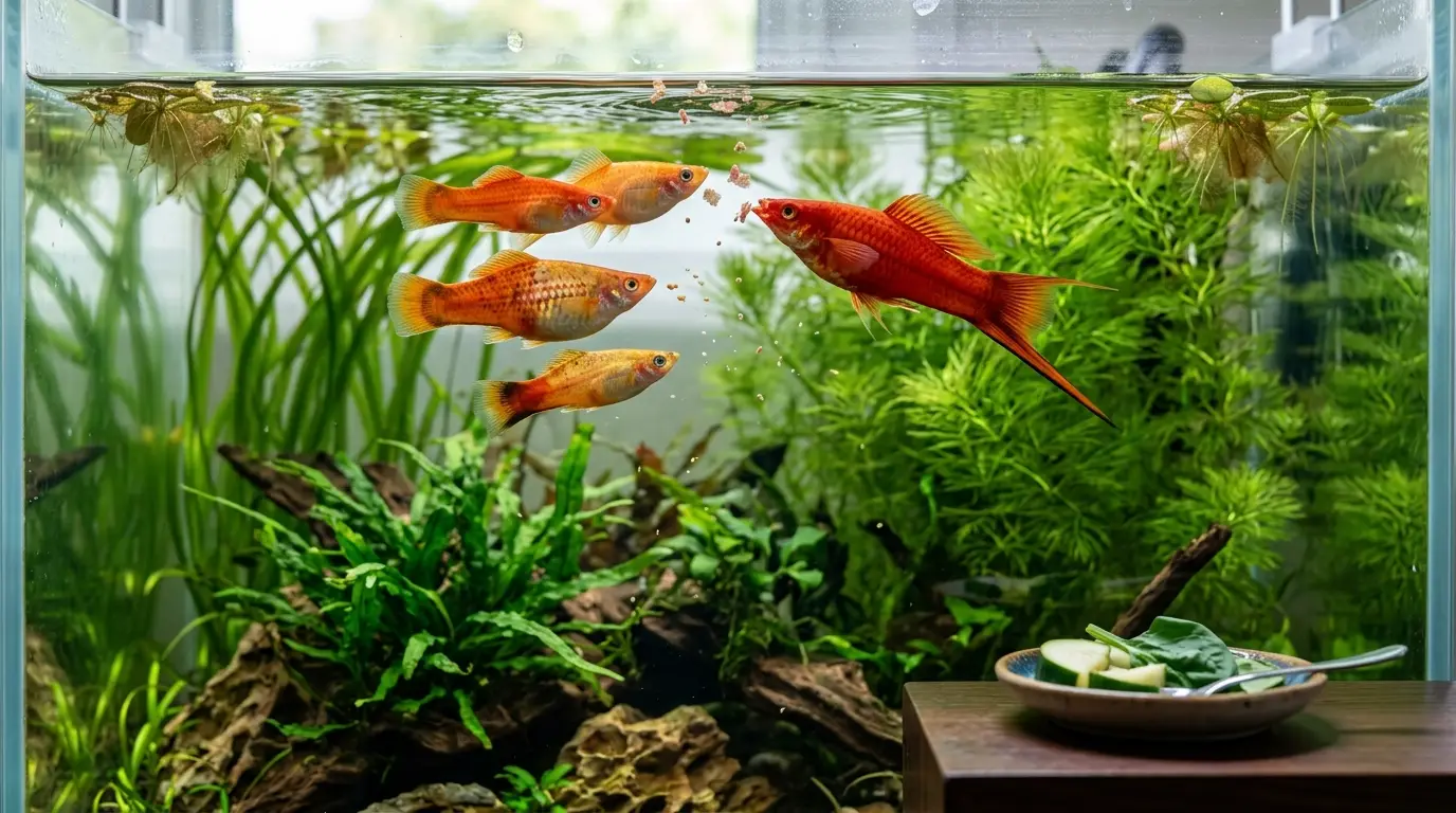 Swordtail fish feeding on quality flakes and plant-based foods in a planted freshwater aquarium.
