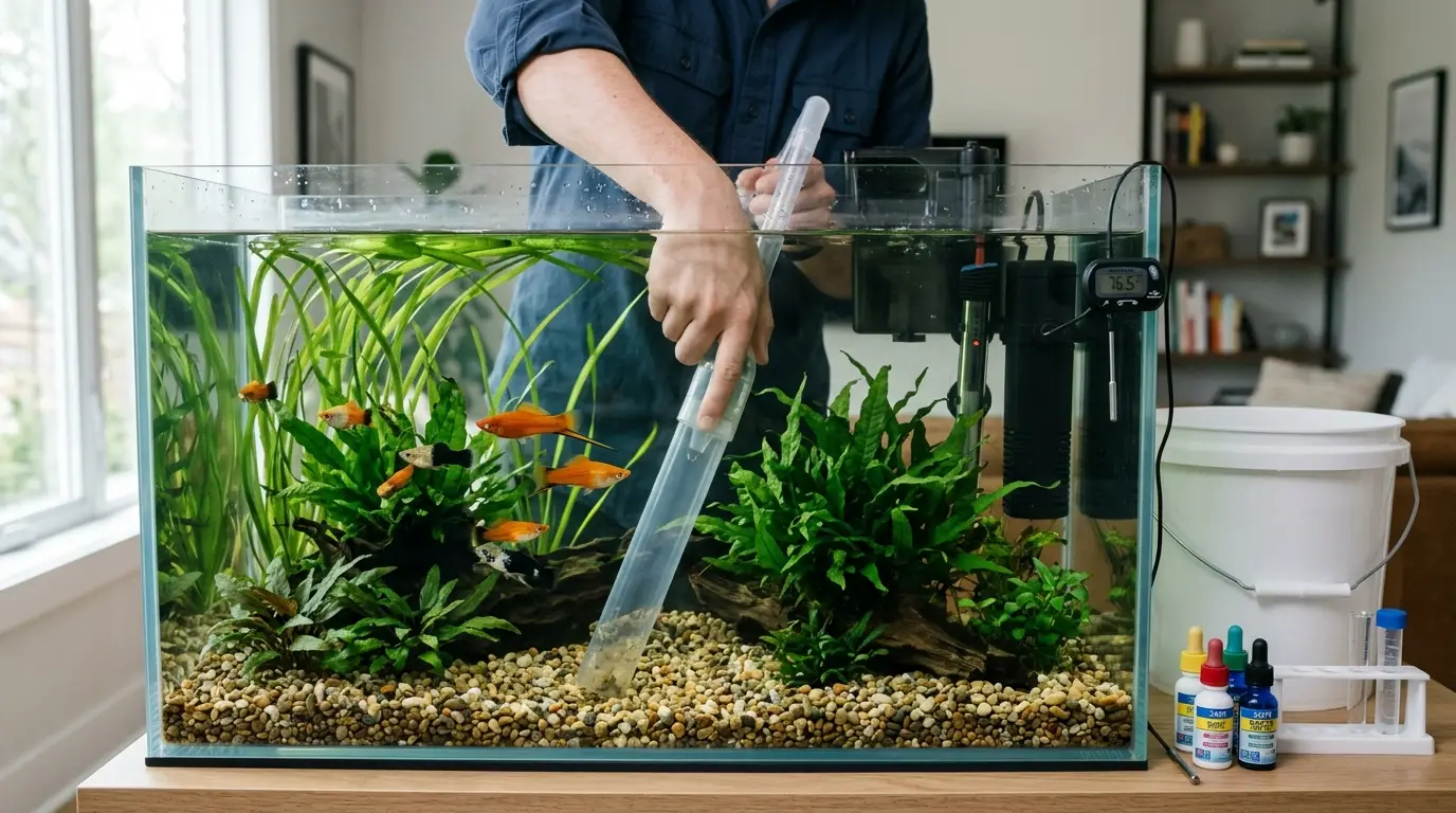 Aquarist performing a partial water change and routine maintenance on a planted swordtail aquarium.